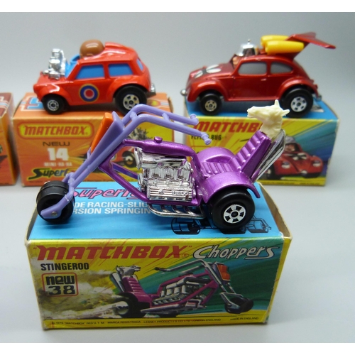 848 - Six Superfast Matchbox vehicles including three 75; No11 Flying Bug, No14 Mini-Ha-Ha, No38 Stingeroo... 