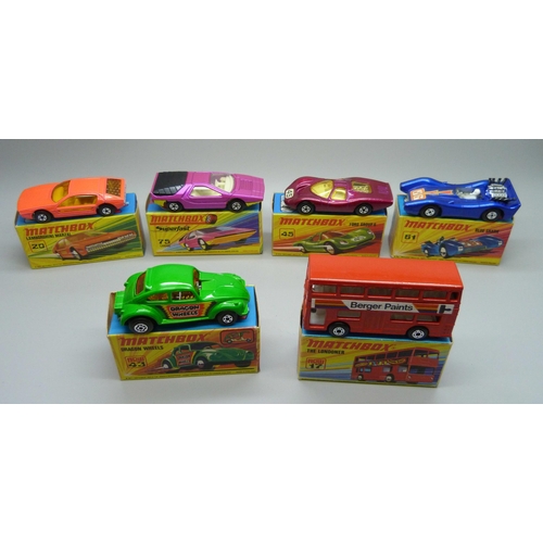 849 - Six Matchbox Superfast die-cast model vehicles; No17 The Londoner, No20 Lamborghini Marzal, No43 Dra... 