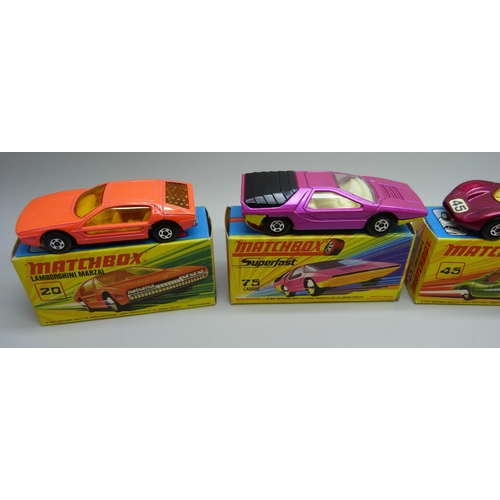 849 - Six Matchbox Superfast die-cast model vehicles; No17 The Londoner, No20 Lamborghini Marzal, No43 Dra... 