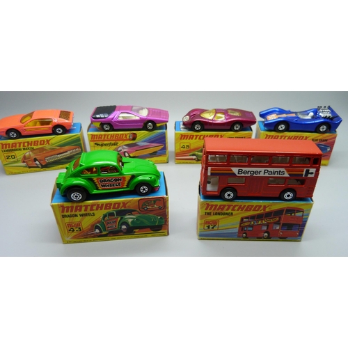 849 - Six Matchbox Superfast die-cast model vehicles; No17 The Londoner, No20 Lamborghini Marzal, No43 Dra... 