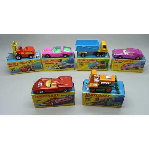 850 - Six Matchbox die-cast model vehicles, No5 Lotus Europa, No12 Big Bull, No15 Fork Lift Truck, No40 Gu... 