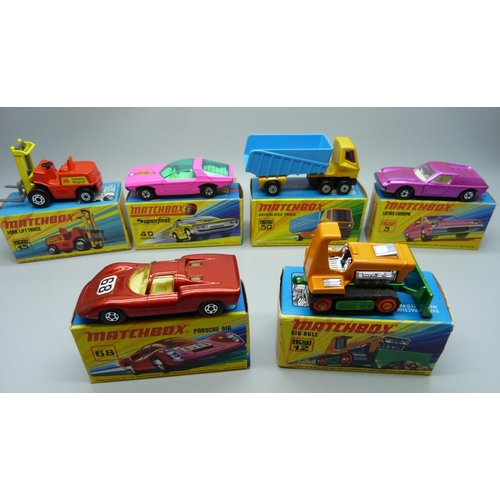 850 - Six Matchbox die-cast model vehicles, No5 Lotus Europa, No12 Big Bull, No15 Fork Lift Truck, No40 Gu... 