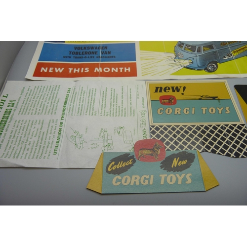 851 - Corgi Toys advertising leaflets, cards, and a Dinky Toys 101L Thunderbirds 2 & 4 leaflet in French, ... 