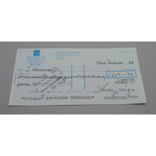 853 - An Amex Bank cheque, 'George Harrison Expenses A/C', Pay J. Galloway, The Beatles