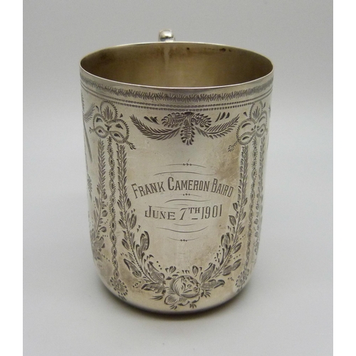 873 - A silver christening mug, with inscription dated 1901, 88.3g