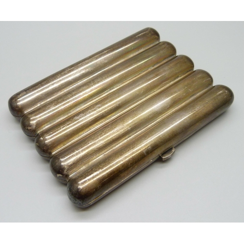 880 - A white metal cigar case with gilt interior, 159g, tests as silver, 8cm x 11cm