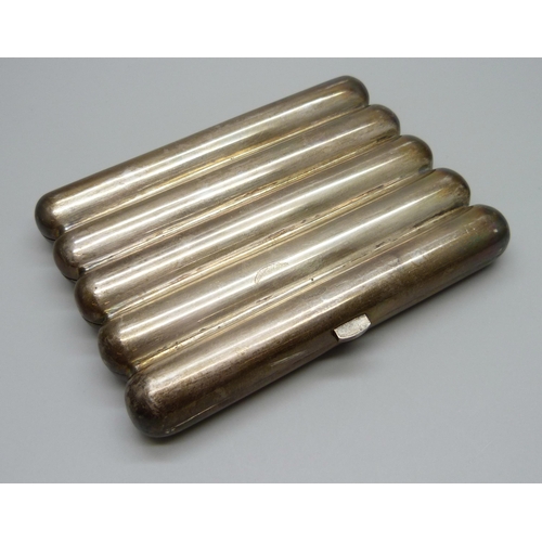 880 - A white metal cigar case with gilt interior, 159g, tests as silver, 8cm x 11cm