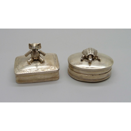 886 - Two 925 silver boxes with articulated elephant and tortoise detail