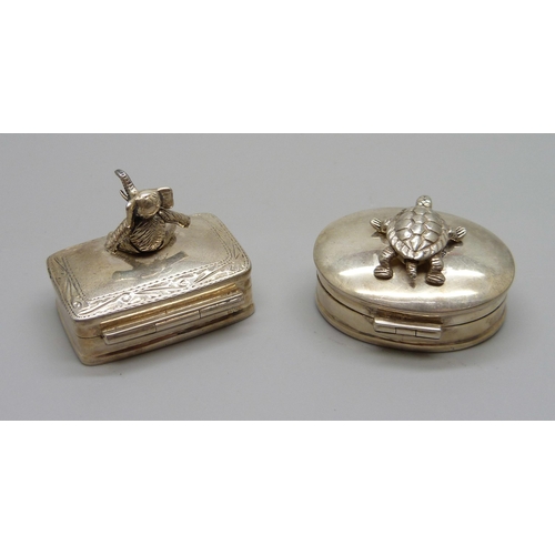 886 - Two 925 silver boxes with articulated elephant and tortoise detail