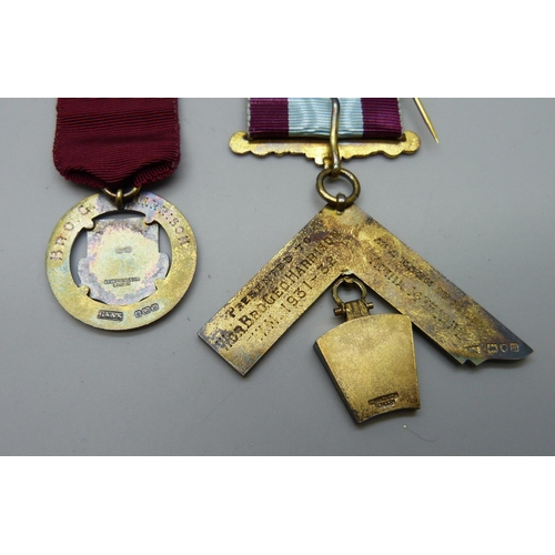 922 - Two silver lodge medals, gross weight with ribbons 50.8g