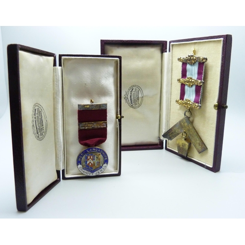 922 - Two silver lodge medals, gross weight with ribbons 50.8g