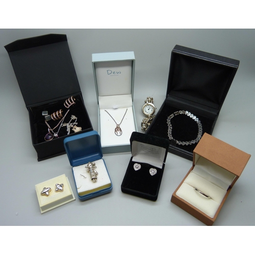 935 - Jewellery including silver and a silver wristwatch