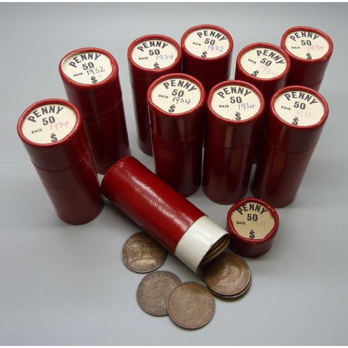 939 - Ten rolls of 50 one penny coins, 1932 and 1934