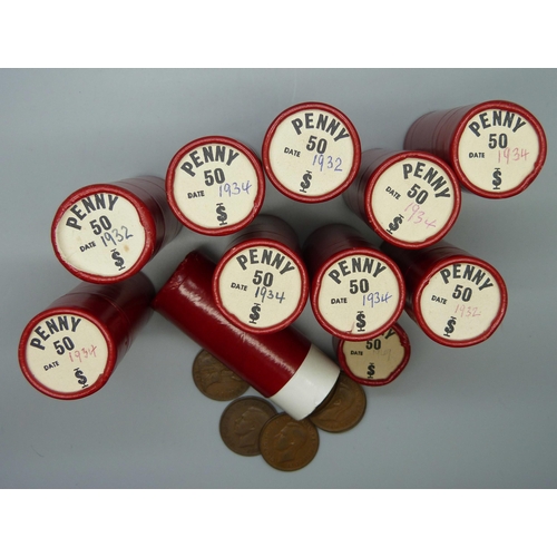 939 - Ten rolls of 50 one penny coins, 1932 and 1934