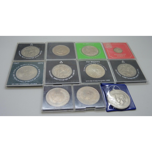 943 - Eleven coins; commemorative crowns and a Jersey 20 pence