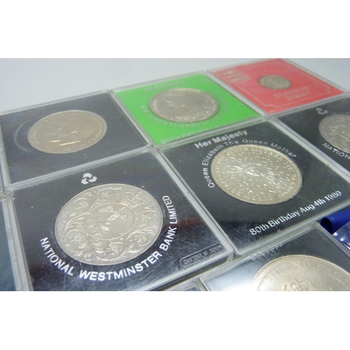 943 - Eleven coins; commemorative crowns and a Jersey 20 pence