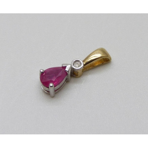 965 - A 9ct gold, diamond and ruby pendant, 0.7g