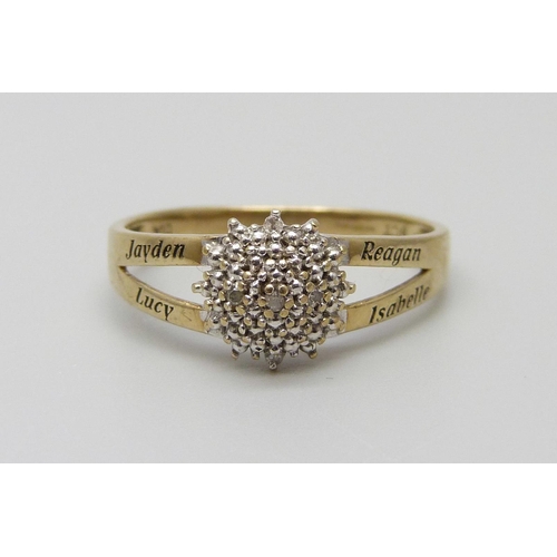 974 - A 9ct gold and diamond ring, 2g, O