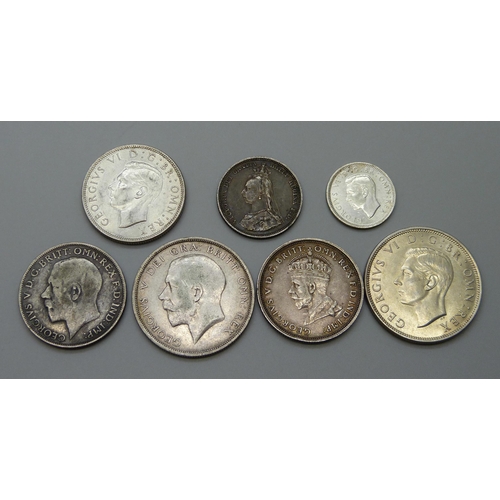 977 - Silver coins; 1887 shilling, 1914 half crown, 1922 florin, 1927 Australian florin, 1944 sixpence, 19... 