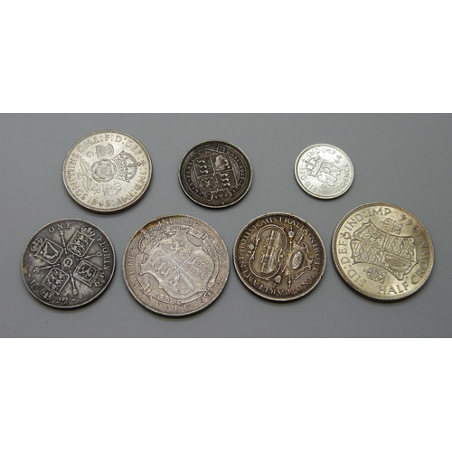 977 - Silver coins; 1887 shilling, 1914 half crown, 1922 florin, 1927 Australian florin, 1944 sixpence, 19... 