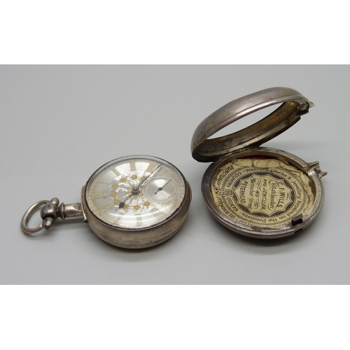 983 - A silver pair cased fusee pocket watch with silver dial, Chester 1884, the movement marked Gordon, R... 