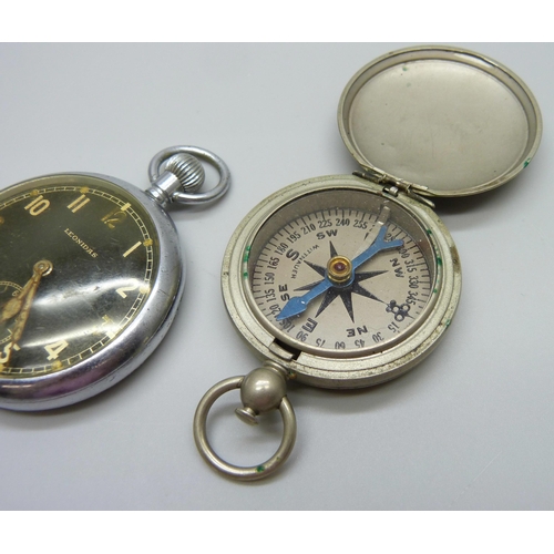 984 - A Leonidas WWII military pocket watch, GSTP J.134 and a Wittnauer compass, marked US and with scratc... 