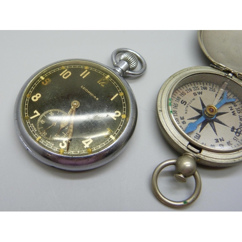 984 - A Leonidas WWII military pocket watch, GSTP J.134 and a Wittnauer compass, marked US and with scratc... 