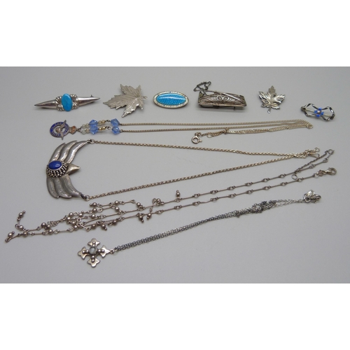 994 - A collection of silver jewellery including two enamelled brooches, 49g