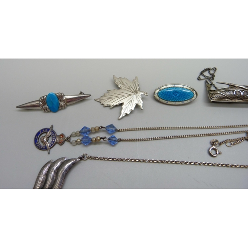 994 - A collection of silver jewellery including two enamelled brooches, 49g