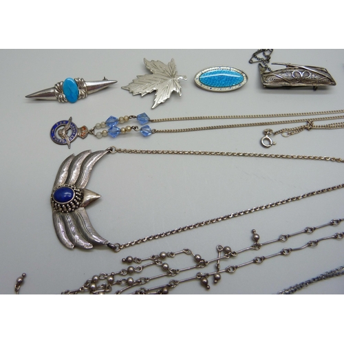 994 - A collection of silver jewellery including two enamelled brooches, 49g