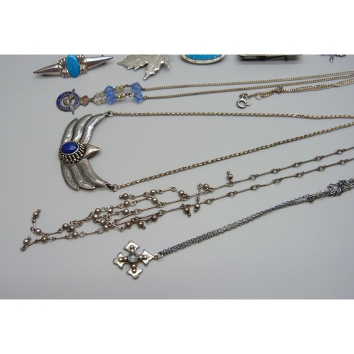 994 - A collection of silver jewellery including two enamelled brooches, 49g