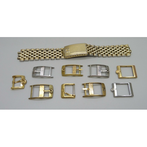 997 - Ten Omega wristwatch strap buckles, four a/f, and an Omega bracelet strap