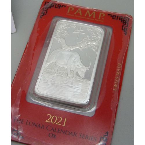 999 - A rare 2021 Pamp Suisse 1oz. 999 silver proof ingot, The Lunar Calendar Series Ox, 31.10g, C000578 a... 