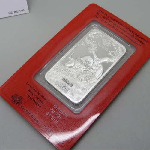 999 - A rare 2021 Pamp Suisse 1oz. 999 silver proof ingot, The Lunar Calendar Series Ox, 31.10g, C000578 a... 