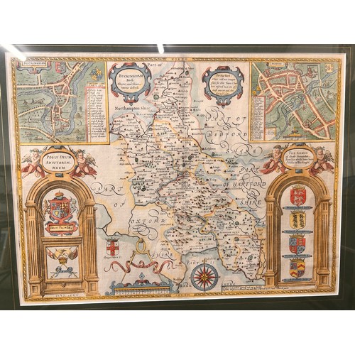 323 - A 17th Century John Speed coloured engraved map, Buckingham, framed