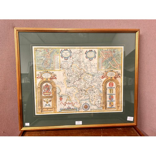 323 - A 17th Century John Speed coloured engraved map, Buckingham, framed