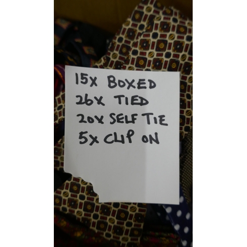 1113 - A large collection of bow ties, 15 boxed, 26 tied, 20 self tie and 5 clip-on, and a press **PLEASE N... 