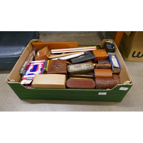 1129 - Assorted items; cigarette cases, brushes, rulers, gloves, hip-flask, wallets, etc. **PLEASE NOTE THI... 