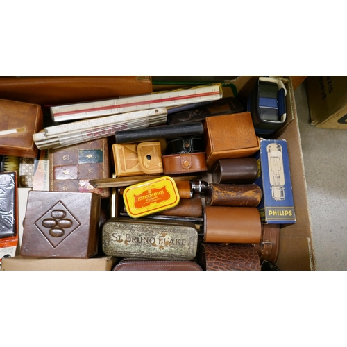 1129 - Assorted items; cigarette cases, brushes, rulers, gloves, hip-flask, wallets, etc. **PLEASE NOTE THI... 