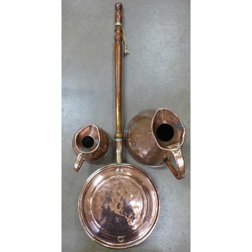 1134 - A copper flagon, Imperial 1 gallon and a smaller copper flagon and copper warming pan **PLEASE NOTE ... 