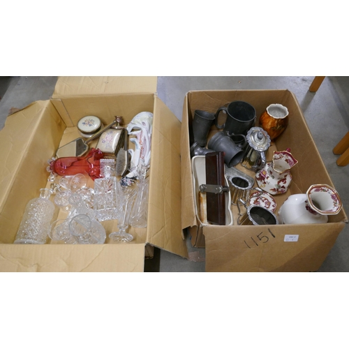 1151 - Two boxes of assorted items including pewter, plated ware, glassware, dressing table set, Masons Man... 