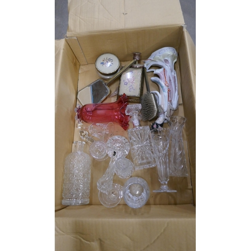 1151 - Two boxes of assorted items including pewter, plated ware, glassware, dressing table set, Masons Man... 