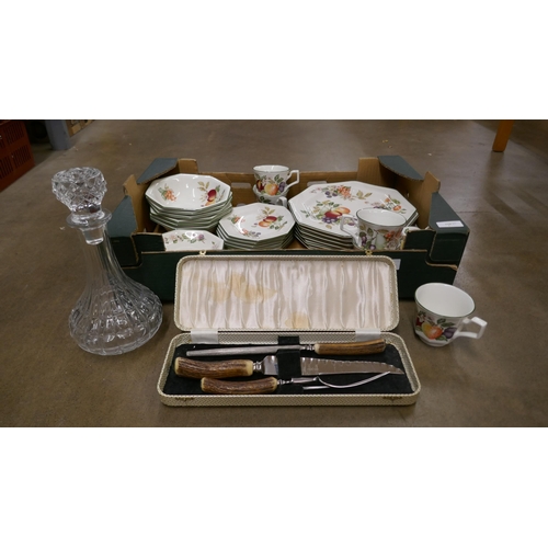 1155 - A set of Johnson Bros dinner and tea wares and a horn handled carving set, together with a cut glass... 