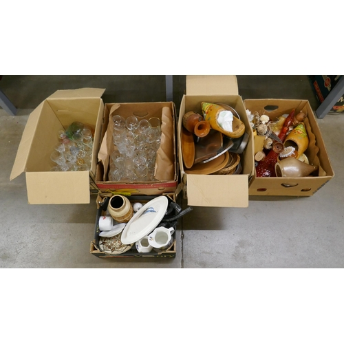 1160 - Four boxes of assorted items including glassware, vases including a West German example, treen, etc.... 