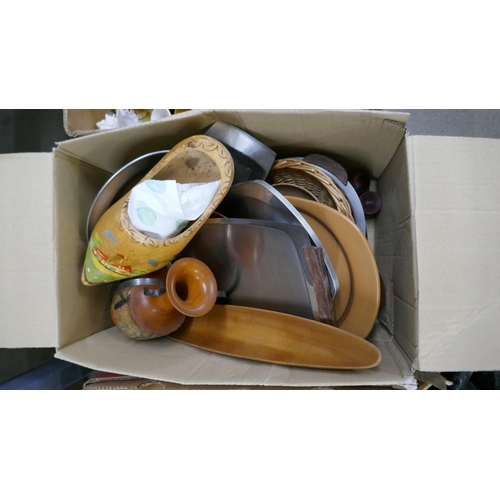 1160 - Four boxes of assorted items including glassware, vases including a West German example, treen, etc.... 