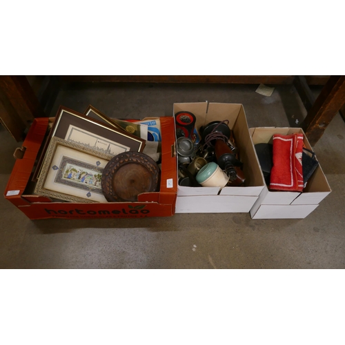 1167 - Three boxes of assorted items including a Kodak camera, a lamp, a collar box, two bar towels, etc. *... 