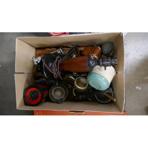 1167 - Three boxes of assorted items including a Kodak camera, a lamp, a collar box, two bar towels, etc. *... 