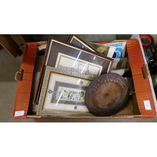 1167 - Three boxes of assorted items including a Kodak camera, a lamp, a collar box, two bar towels, etc. *... 