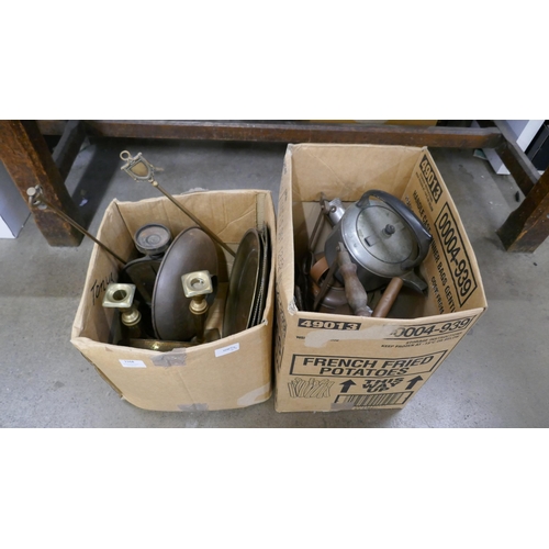 1168 - Two boxes of metal ware including an early pair of brass candlesticks **PLEASE NOTE THIS LOT IS NOT ... 