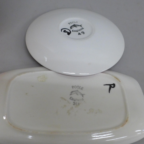 603 - A Poole Delphis vase and two dishes, vase 23.5cm